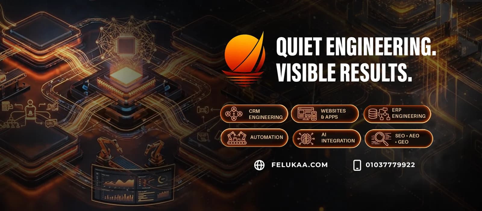 Felukaa — quiet engineering, visible results. CRM, ERP, websites & apps, automation, AI and SEO·AEO·GEO.