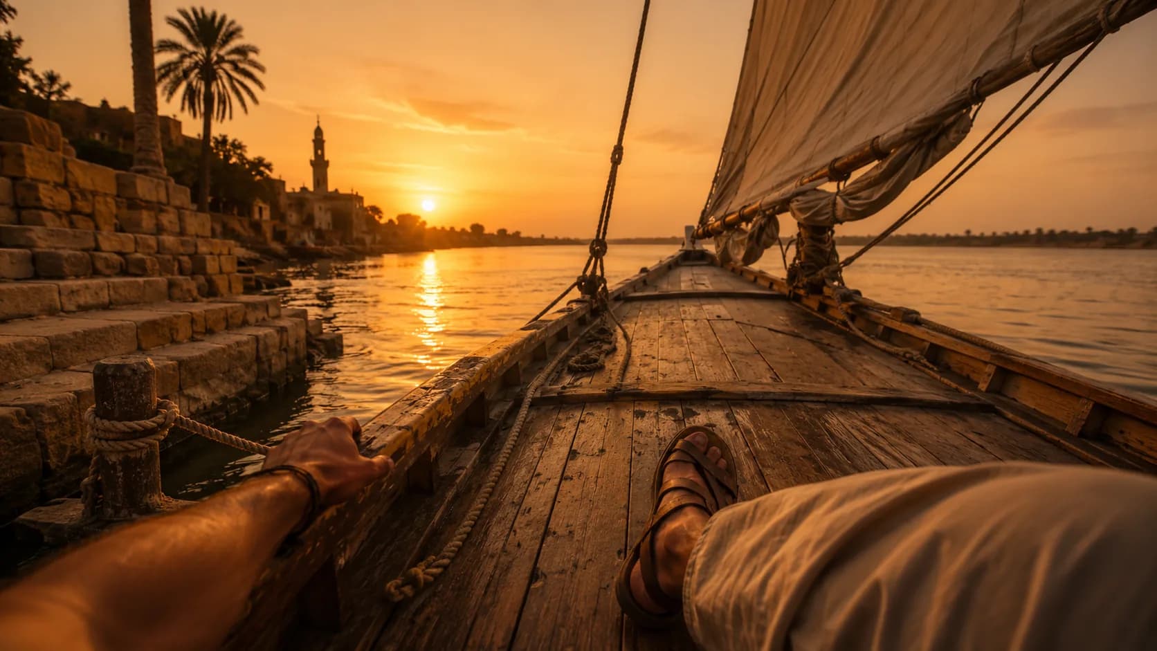 Boarding the felucca at the riverbank