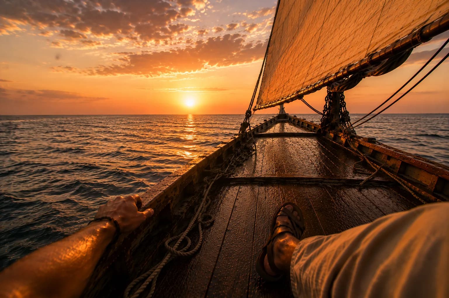 Felucca on open water at sunset